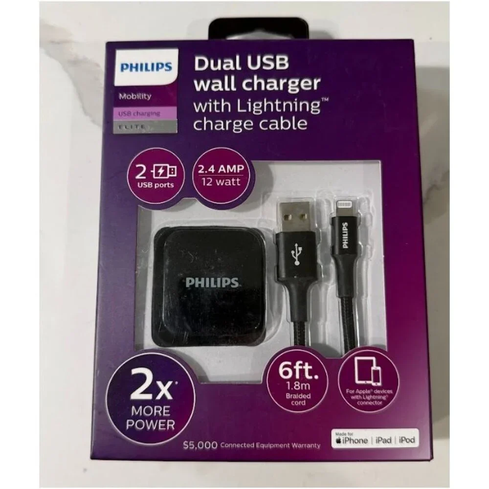 Philips Dual USM Wall Chager with USA-a/USB-C Charge Cable, Black